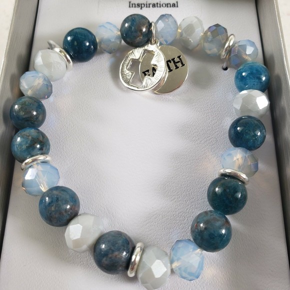 Genuine Stone BLUE STONE FAITH & CROSS HEART Charm Stretch Bracelet New in Box - Picture 4 of 9